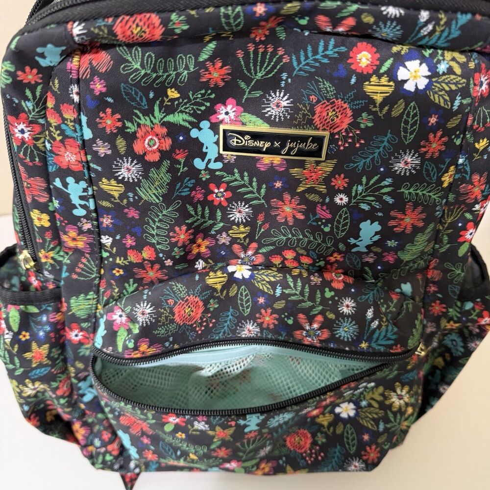 Disney X Jujube Black Floral Mickey Mouse Backpack Missing Pulls -See Photos - Picture 15 of 15